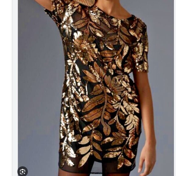 NWT Anthropologie Maeve Short-Sleeve Sheer Embellished Mini Dress Sz LP - Picture 3 of 10